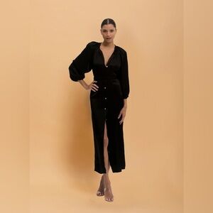 Cali Dreaming Black Maxi Dress Button Front Gathered Neckline Long Sleeve Small